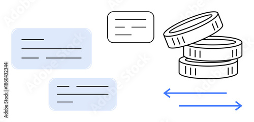 Cryptocurrency, digital payment, financial exchange, blockchain, fintech, global transactions. Coins, arrows and text blocks. Cryptocurrency and digital payment for technology and fintech ideas