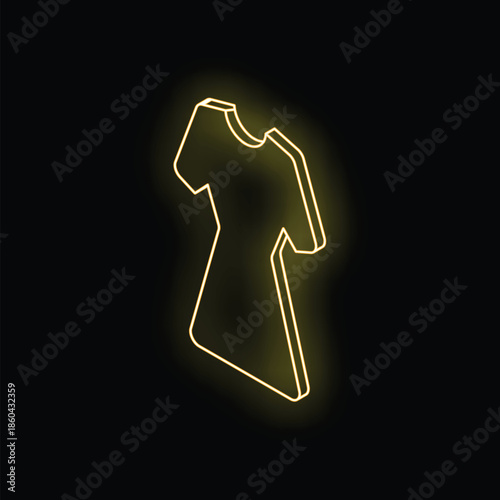 Neon yellow glowing dress icon on black background, concept of online shopping and fashion