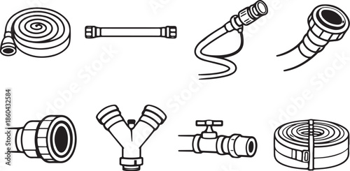 Fire Hoses and Fire Line Equipment Line Art Icons Set eps