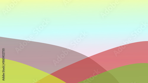 Abstract, minimalist landscape vector illustration with overlapping, translucent shapes in a soft, pastel color palette. Modern graphic design background.