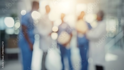 Blurry group of medical professionals in blue scrubs in a bright, modern clinical lobby