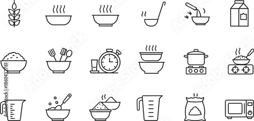 Complete set of kitchen and cooking line icons featuring hot food bowls measuring cups timers ladles milk cartons and microwave ovens for culinary projects