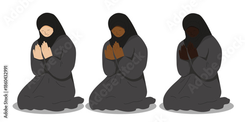 set of women in black hijabs praying with skin tones