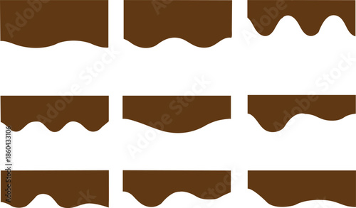 Set of nine mustard Chocolate abstract shapes with wavy bottom edges, vector illustration set