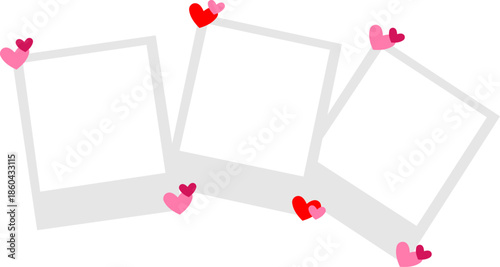 Polaroid photo frames with pink  and red heart decoration, romantic memory collage template, vector design