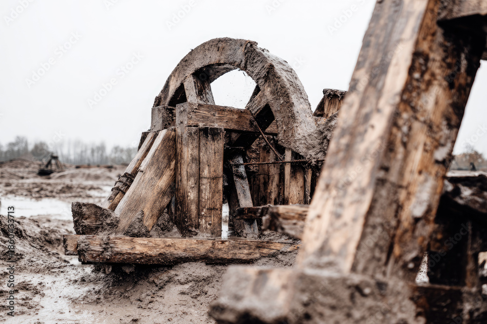 Fototapeta premium Roman siege engine constructed from weathered wood stands in muddy field showing ancient military technology and historical warfare with dramatic atmosphere