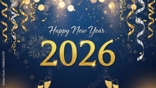 Happy new year 2026 dark blue background with hanging gold streamers and festive fireworks