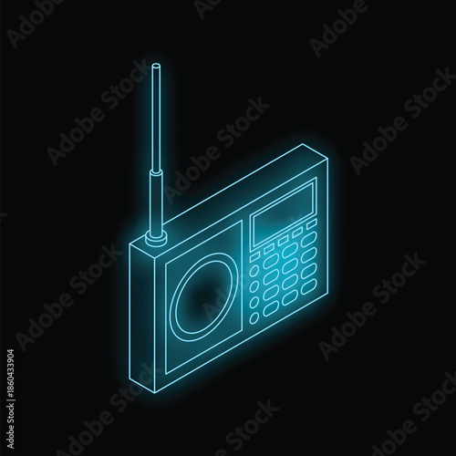 Blue glowing neon radio receiver with antenna on black background
