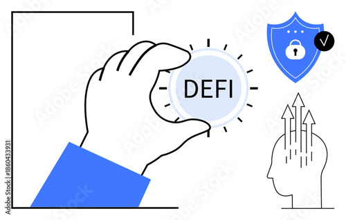 Decentralized finance. blockchain transparency, a shield security, and growth potential ed by upward arrows. Decentralized finance empowering crypto, fintech, protection, innovation, investment