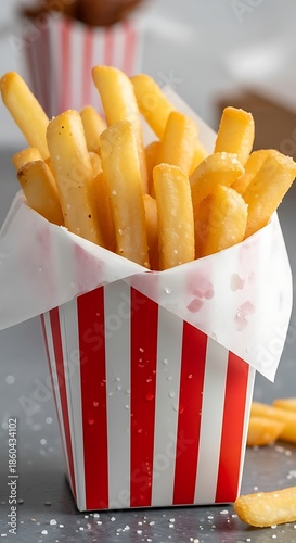 Golden French Fries in a Red and White Striped Container.