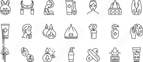 Complete set of cruelty free and natural beauty line icons featuring rabbit symbols organic ingredients essential oils herbal treatments and vegan skincare products
