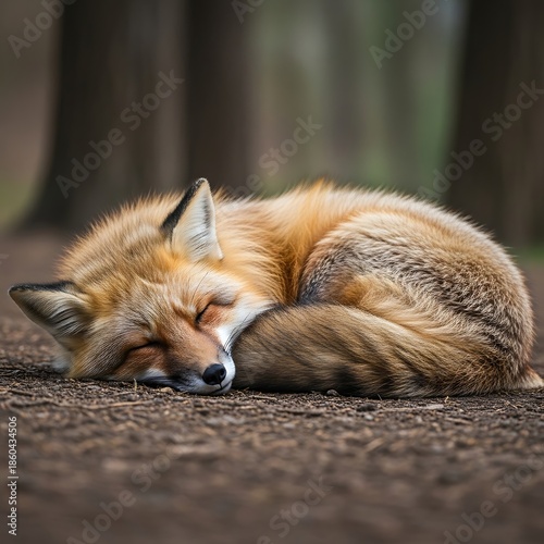 Sleeping fox peacefully resting on the forest floor.