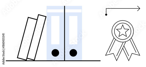 Office organization, document management, business productivity, work efficiency, academic success, achievement. Two binders and a tilted file with a ribbon icon. Office organization and achievement