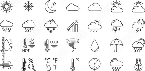 Complete set of weather forecasting and meteorology line icons featuring sun moon clouds rain snow storms thermometers humidity and climate monitoring symbols