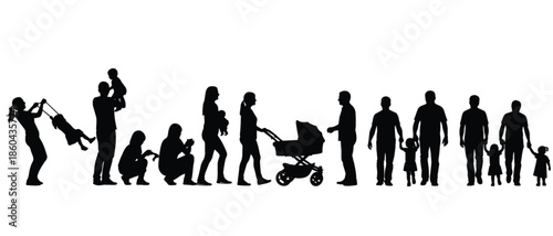 Family life stages silhouette illustration, parents children growth progression, childhood parenting concept, human lifecycle sequence isolated on white background