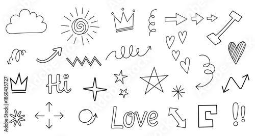 Hand drawn doodle elements set arrows, stars, hearts, sun, crown, text hi and love, abstract shapes in line art style