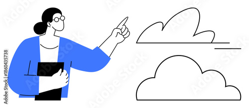 Technology, cloud computing, innovation, connectivity, digital transformation, futuristic design. Woman pointing at cloud icons. Technology and cloud computing concepts