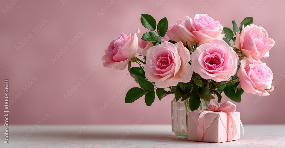 Obraz premium Pink Rose Bouquet with Mini Gift, Perfect for celebrations, romantic gestures, thank-you moments, or feminine lifestyle content