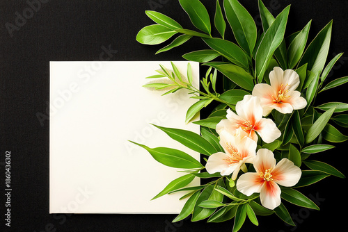 Blank white card surrounded by vibrant green leaves and delicate white flowers with orange centers on black background creates elegant and fresh composition