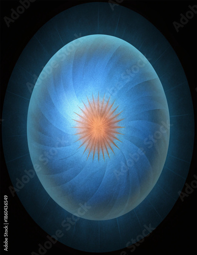 Oval argentina flag emblem with sun of may glowing on blue background