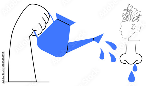 Conceptual art of a watering can nurturing a flower-filled head, symbolizing mental growth, ideas, and creativity. Ideal for innovation, well-being, learning, mindfulness, imagination personal