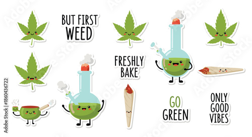 A fun collection of cute kawaii cannabis-themed stickers with smiling marijuana leaves, bongs, and joints with funny phrases.