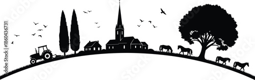Minimalist rural countryside silhouette landscape, village church, tractor, horses, trees, birds, farm life, peaceful nature scene illustration