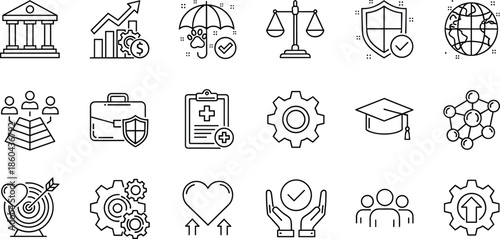 Professional business ethics and institutional governance line icons featuring banking buildings justice scales strategic growth charts graduation caps and global networking symbols