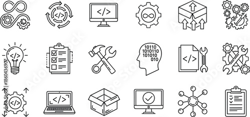 Professional software development and DevOps line icons featuring infinity symbols coding on monitors gears with code tags binary head and agile project management tools