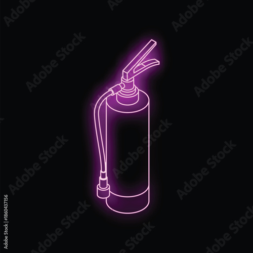Purple neon fire extinguisher glowing on a dark background, perfect for safety and security concepts