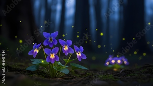 Wild Violet Flowers Glowing with Fireflies in Enchanted Forest