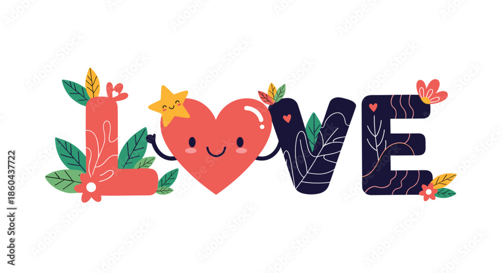 Fototapeta premium A decorative and floral illustrated word LOVE with a cute smiling heart character making up the letter O for Valentine's Day.