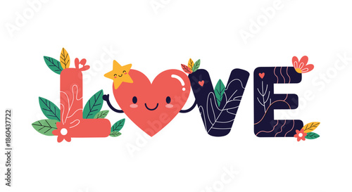 A decorative and floral illustrated word LOVE with a cute smiling heart character making up the letter O for Valentine's Day.