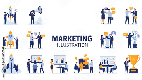  Business and marketing illustration set with teamwork, startup launch, growth strategy, analytics, communication, partnership, success and achievement concepts. Flat vector illustration..eps