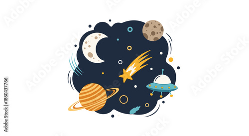 A whimsical and cute cartoon illustration of outer space with planets, a crescent moon, a UFO, and a shooting star.