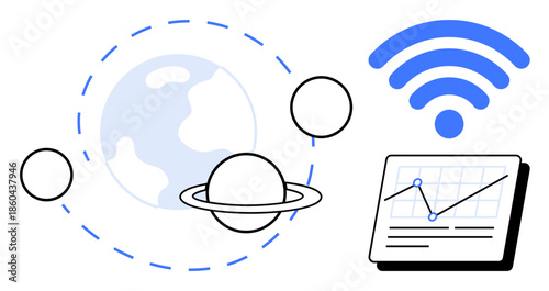 Planet, satellites, orbit lines, wireless signal, analytics dashboard with graph. Ideal for technology, space research, connectivity, global communication data science innovation simple flat