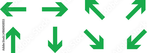 Green street signs. Road name and wayfinding symbols. Traffic direction graphic design. City navigation and urban infrastructure signs.