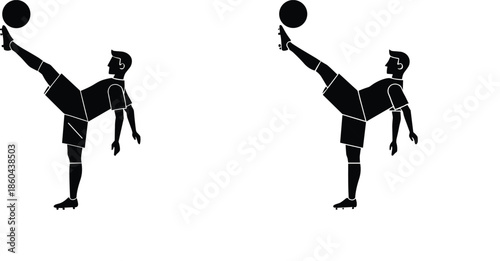 Black silhouette of a professional soccer player performing a high kick with a football isolated on white background for sports and athletic design