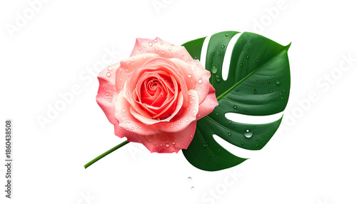 Pink rose with dewdrops next to a tropical leaf on black backdrop