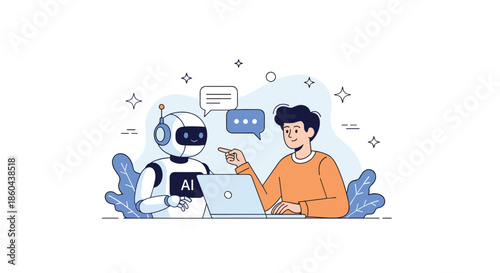 A smiling man interacting with a friendly AI robot on his laptop, illustrating the concept of a helpful chatbot or virtual assistant.