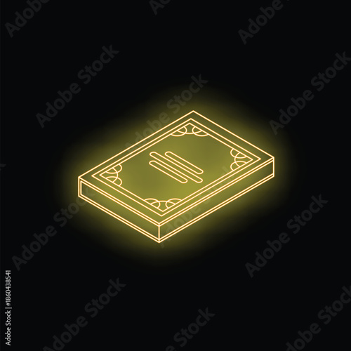 Neon yellow glowing icon of the holy quran, the islamic sacred book, in isometric view