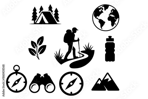 Essential outdoor adventure gear isolated on white background, Vector, illustration