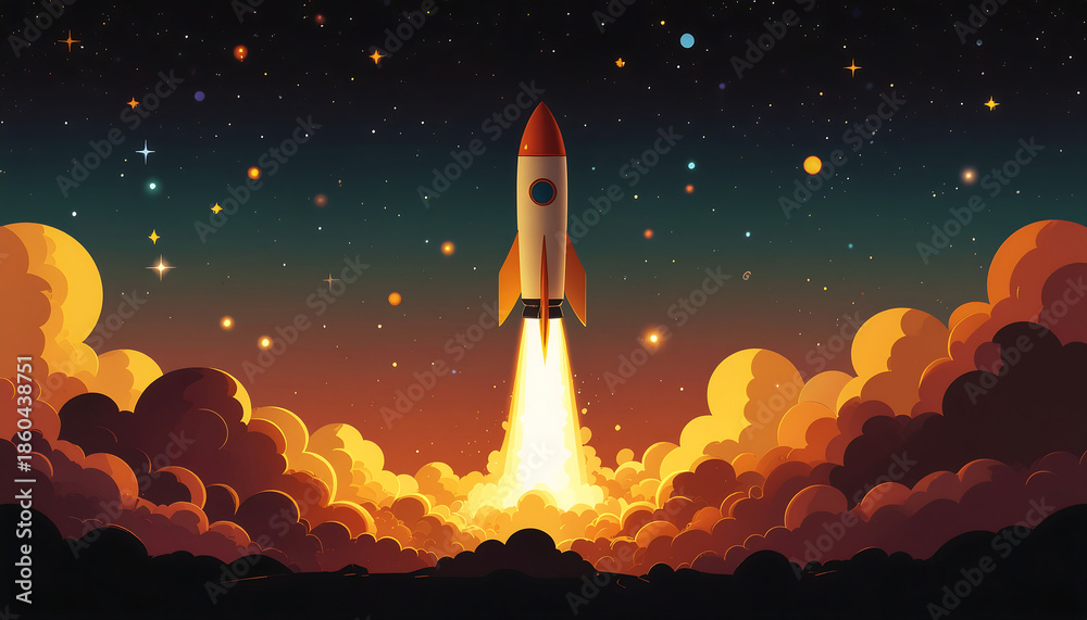 Naklejka premium A stylized vector poster of a rocket launch at night, simple shapes for clouds