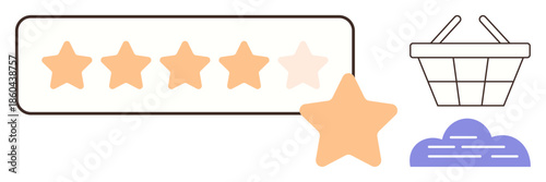 Five stars rating with one star highlighted, shopping basket, and cloud. Ideal for feedback, ecommerce, customer support, quality management, online reviews, cloud services simple flat metaphor
