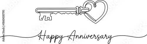 Minimalist line art design featuring an antique key with a heart handle wishing happy anniversary wishes
