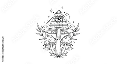 A mystical coloring page design of psychedelic mushrooms with the all-seeing eye in a pyramid, surrounded by stars and leaves.
