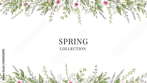 Elegant watercolor spring floral border design announcing a beautiful new collection perfect for invitations