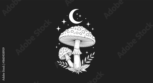 A magical white line art illustration of amanita mushrooms with a crescent moon and stars on a solid black background.