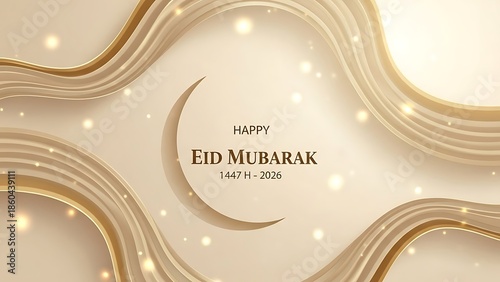 Elegant Eid Mubarak Greeting with Crescent Moon and Golden Waves.