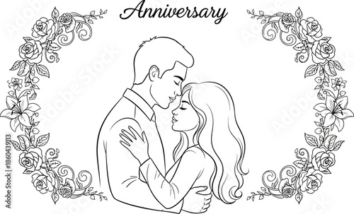Couple embracing lovingly under elegant floral wreath frame design for anniversary coloring pages